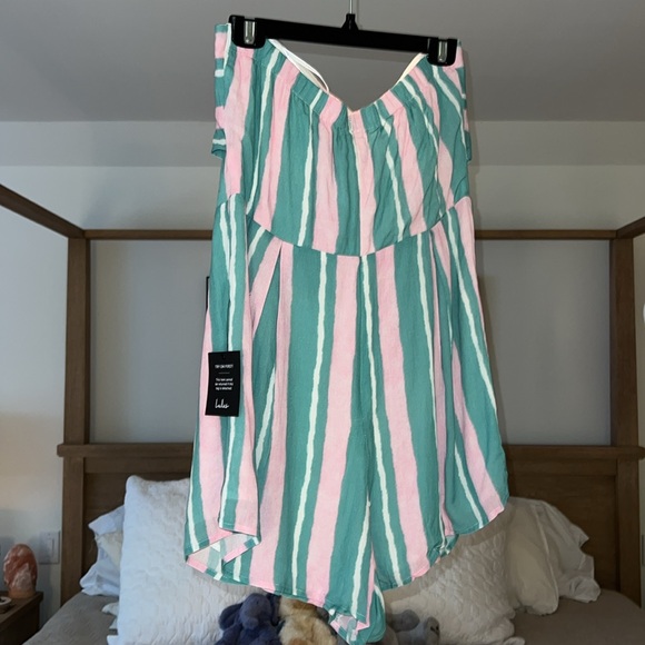 NWT - Lulus Inez Green Striped Strapless Tie-Front Romper - Picture 4 of 8